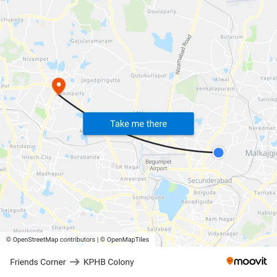Friends Corner to KPHB Colony map