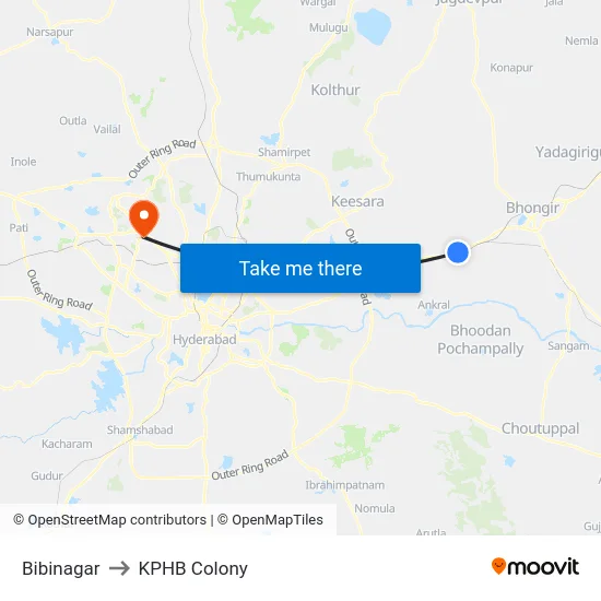 Bibinagar to KPHB Colony map