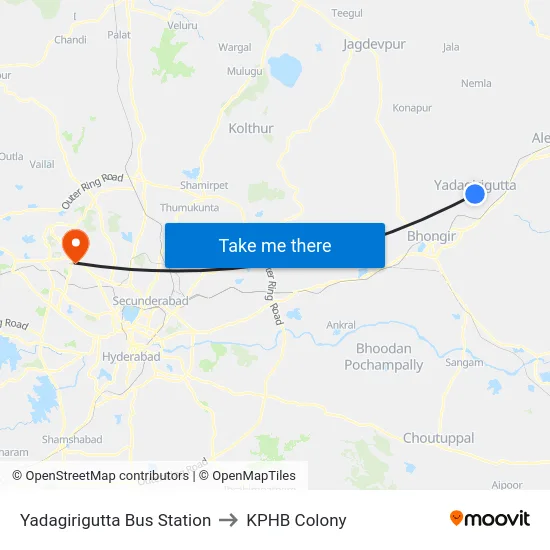 Yadagirigutta Bus Station to KPHB Colony map