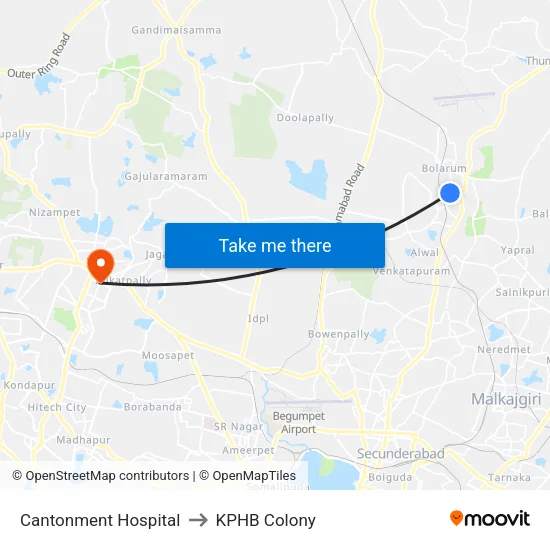 Cantonment Hospital to KPHB Colony map