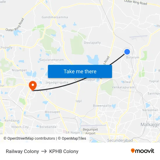 Railway Colony to KPHB Colony map