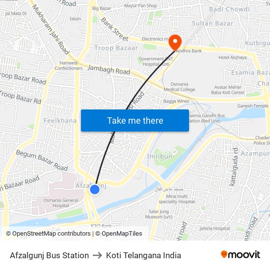 Afzalgunj Bus Station to Koti Telangana India map