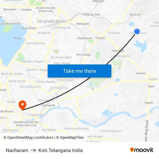 Nacharam to Koti Telangana India map
