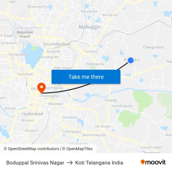 Boduppal Srinivas Nagar to Koti Telangana India map