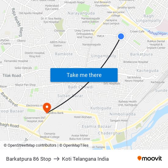 Barkatpura 86 Stop to Koti Telangana India map