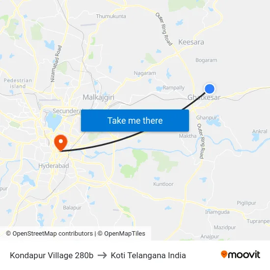 Kondapur Village 280b to Koti Telangana India map
