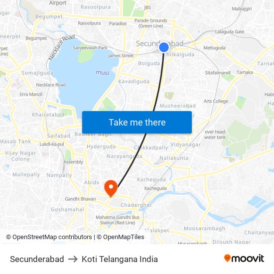 Secunderabad to Koti Telangana India map