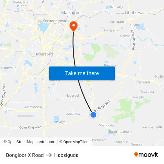 Bongloor X Road to Habsiguda map