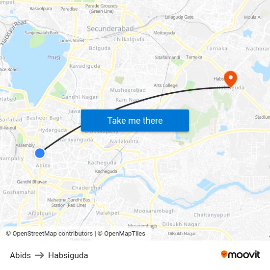 Abids to Habsiguda map