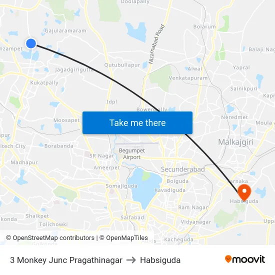 3 Monkey Junc Pragathinagar to Habsiguda map