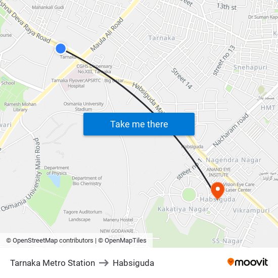 Tarnaka Metro Station to Habsiguda map