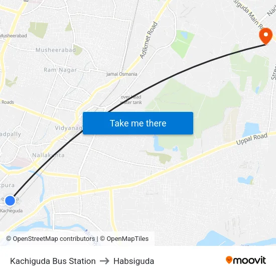 Kachiguda Bus Station to Habsiguda map