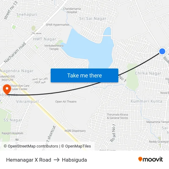 Hemanagar X Road to Habsiguda map