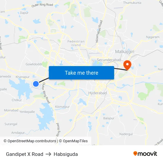 Gandipet X Road to Habsiguda map