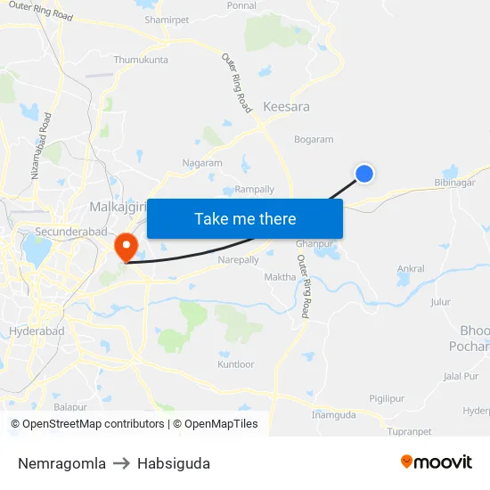 Nemragomla to Habsiguda map