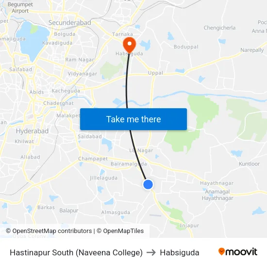 Hastinapur South (Naveena College) to Habsiguda map
