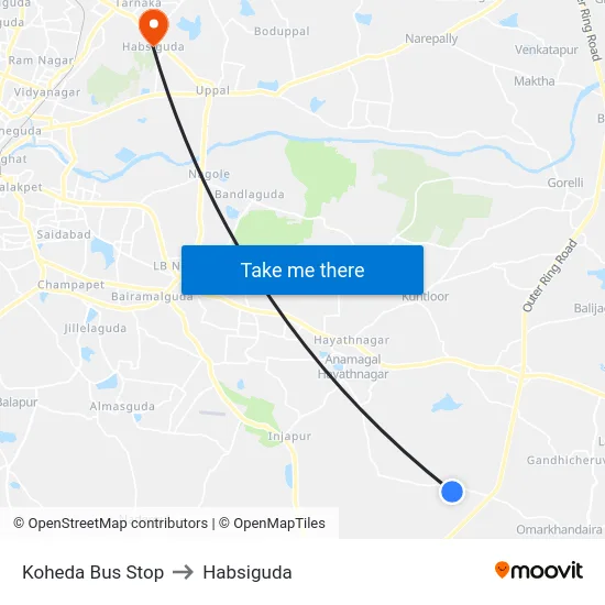 Koheda Bus Stop to Habsiguda map
