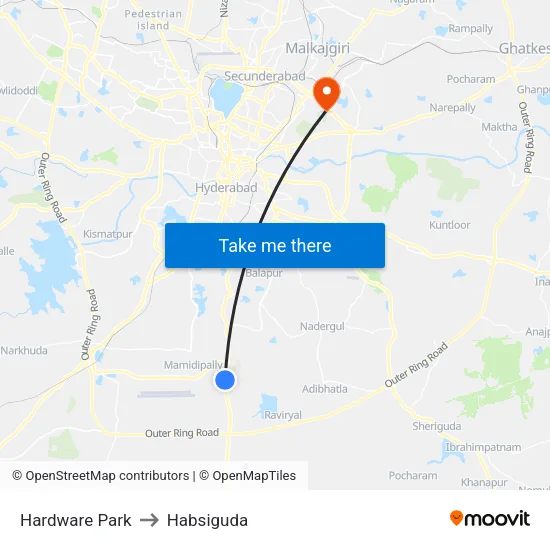 Hardware Park to Habsiguda map
