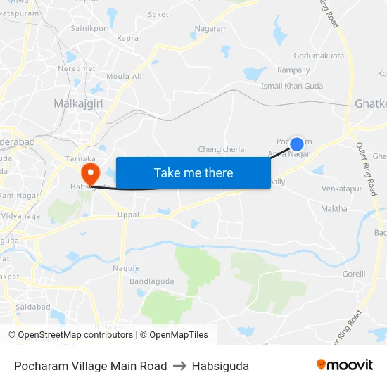Pocharam Village Main Road to Habsiguda map