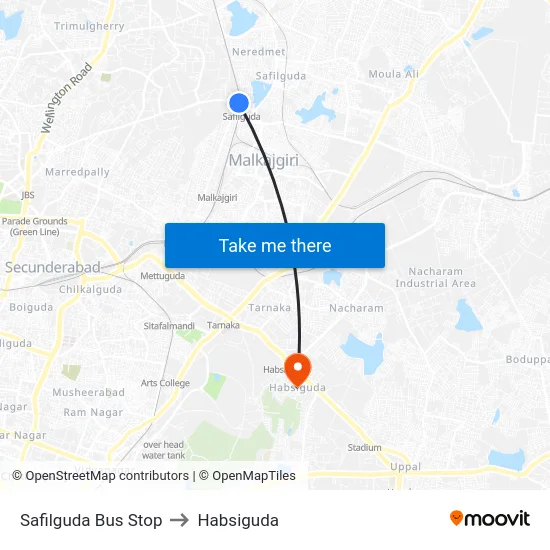 Safilguda Bus Stop to Habsiguda map