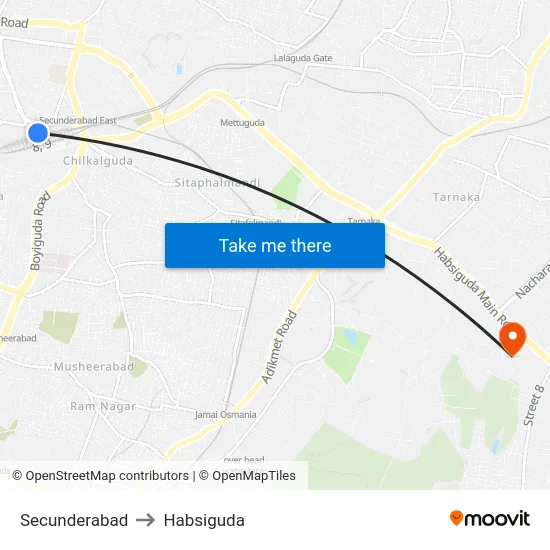 Secunderabad to Habsiguda map