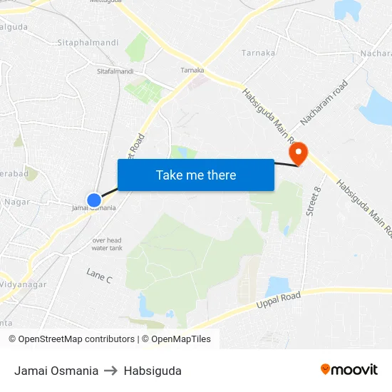 Jamai Osmania to Habsiguda map
