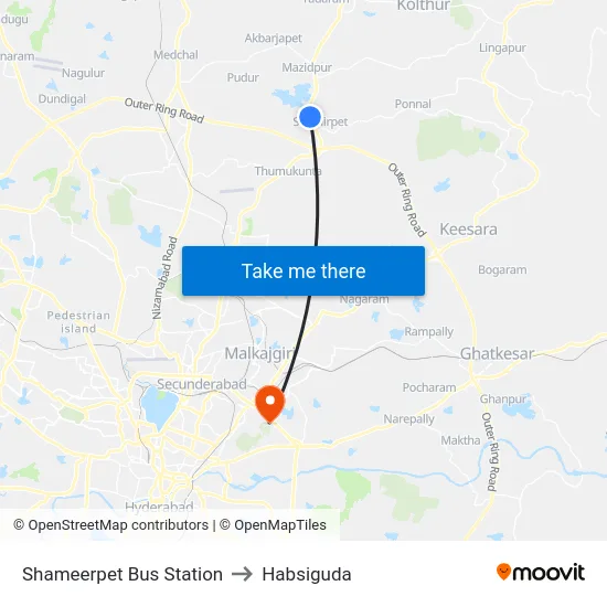 Shameerpet Bus Station to Habsiguda map