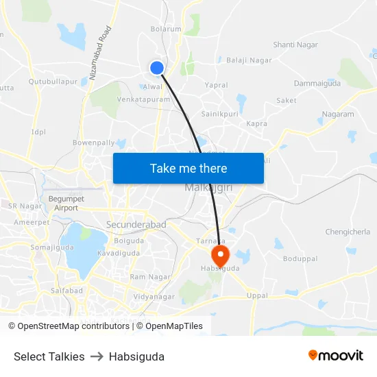 Select Talkies to Habsiguda map