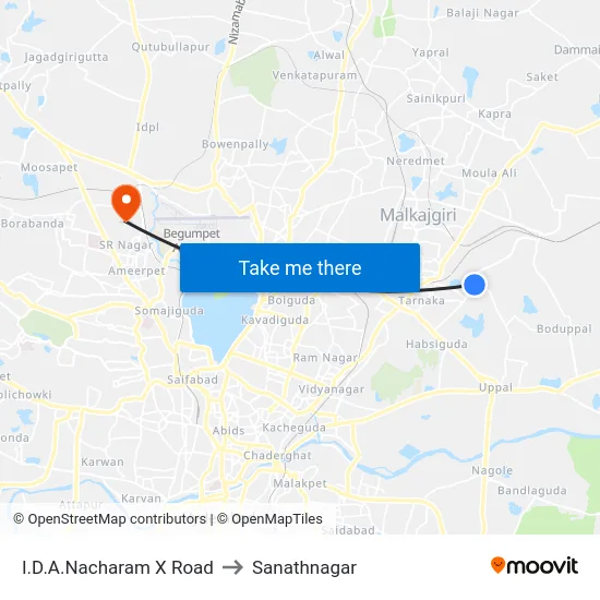 I.D.A.Nacharam X Road to Sanathnagar map