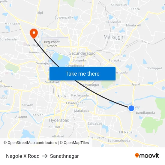 Nagole X Road to Sanathnagar map