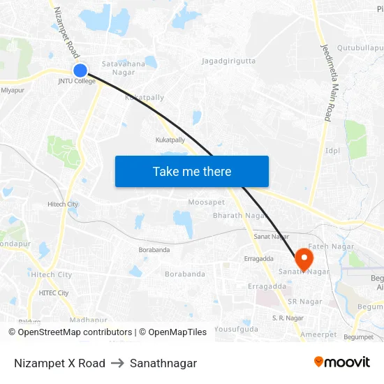 Nizampet X Road to Sanathnagar map