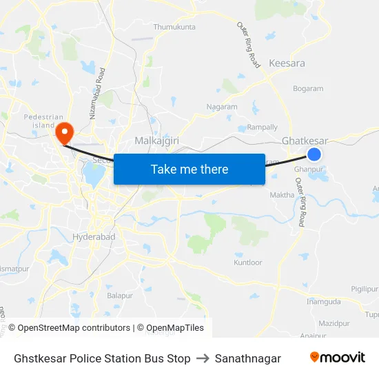 Ghstkesar Police Station Bus Stop to Sanathnagar map