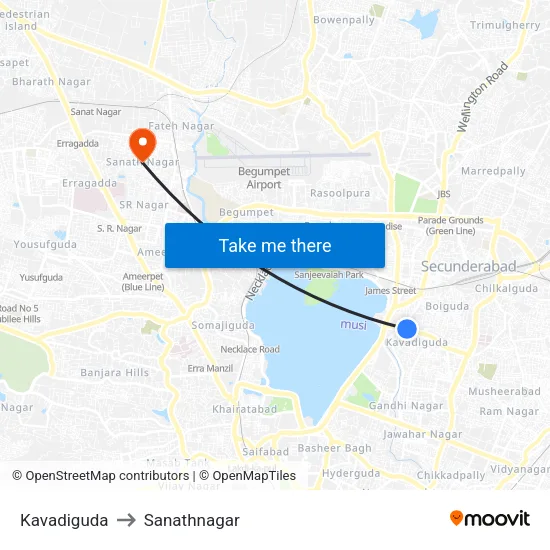 Kavadiguda to Sanathnagar map