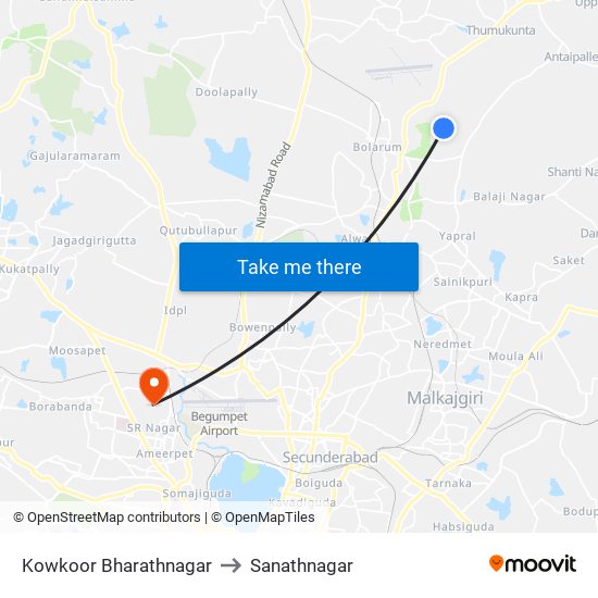 Kowkoor Bharathnagar to Sanathnagar map