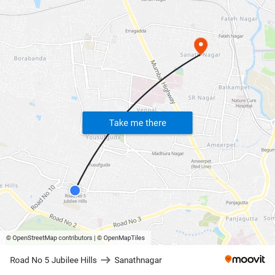 Road No 5 Jubilee Hills to Sanathnagar map