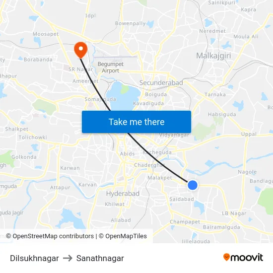 Dilsukhnagar to Sanathnagar map