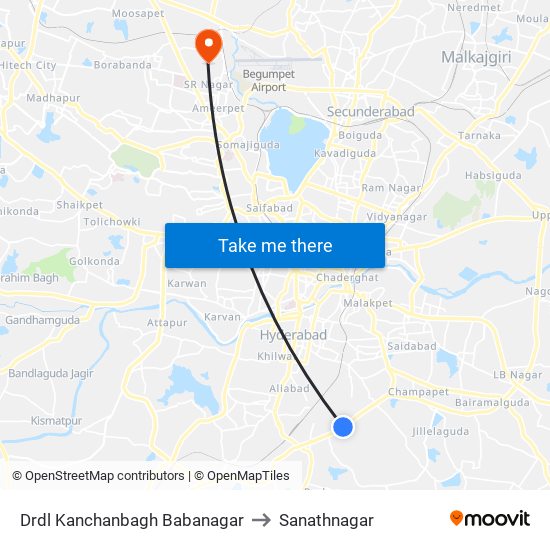 Drdl Kanchanbagh Babanagar to Sanathnagar map