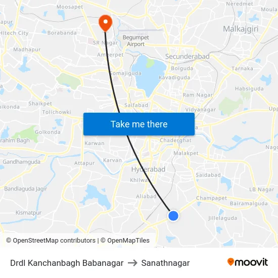 Drdl Kanchanbagh Babanagar to Sanathnagar map
