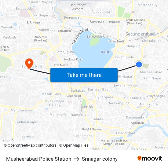 Musheerabad Police Station to Srinagar colony map