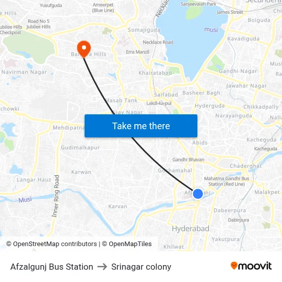 Afzalgunj Bus Station to Srinagar colony map