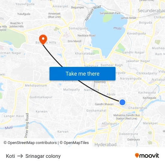 Koti to Srinagar colony map