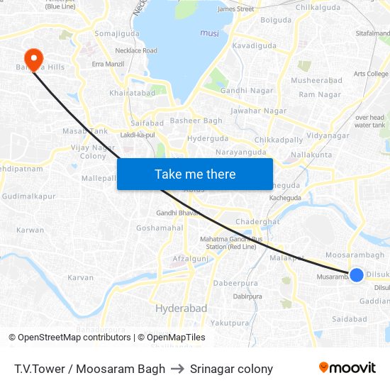 T.V.Tower / Moosaram Bagh to Srinagar colony map