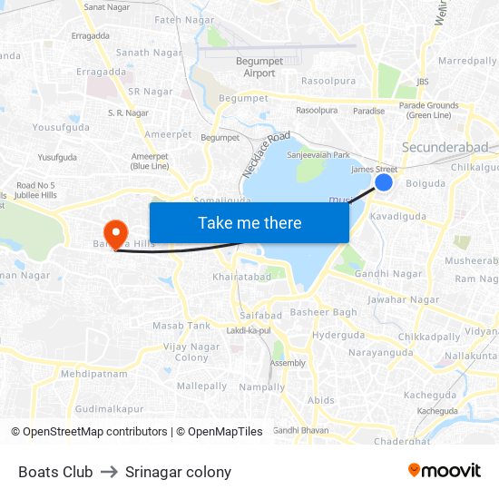 Boats Club to Srinagar colony map