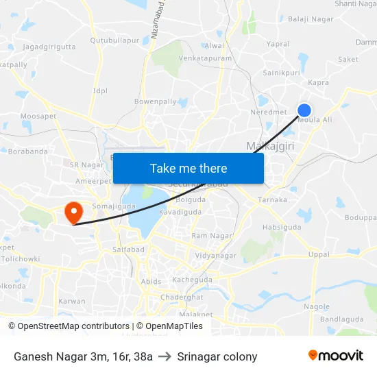 Ganesh Nagar 3m, 16r, 38a to Srinagar colony map