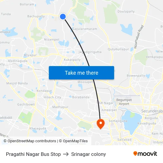 Pragathi Nagar Bus Stop to Srinagar colony map