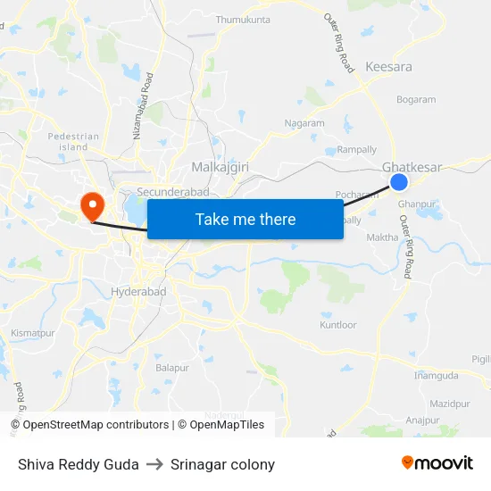 Shiva Reddy Guda to Srinagar colony map