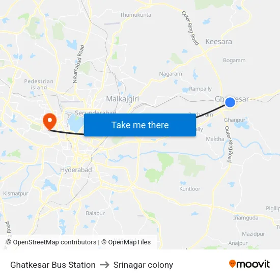 Ghatkesar Bus Station to Srinagar colony map