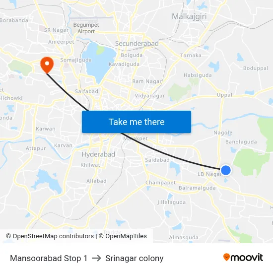 Mansoorabad Stop 1 to Srinagar colony map