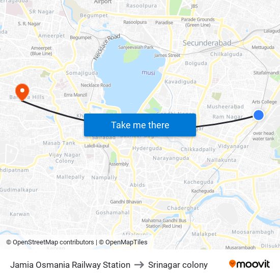 Jamia Osmania Railway Station to Srinagar colony map