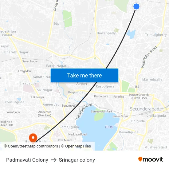 Padmavati Colony to Srinagar colony map
